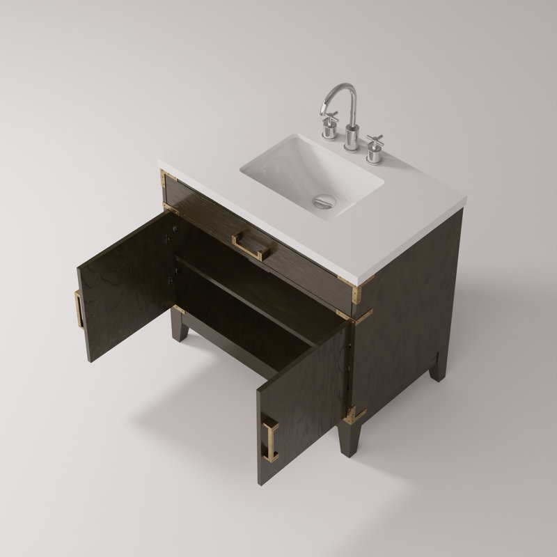 Meuble-lavabo simple en chêne brun 36 po X P 22 po D, plateau en marbre de culture et robinet, Chêne brun