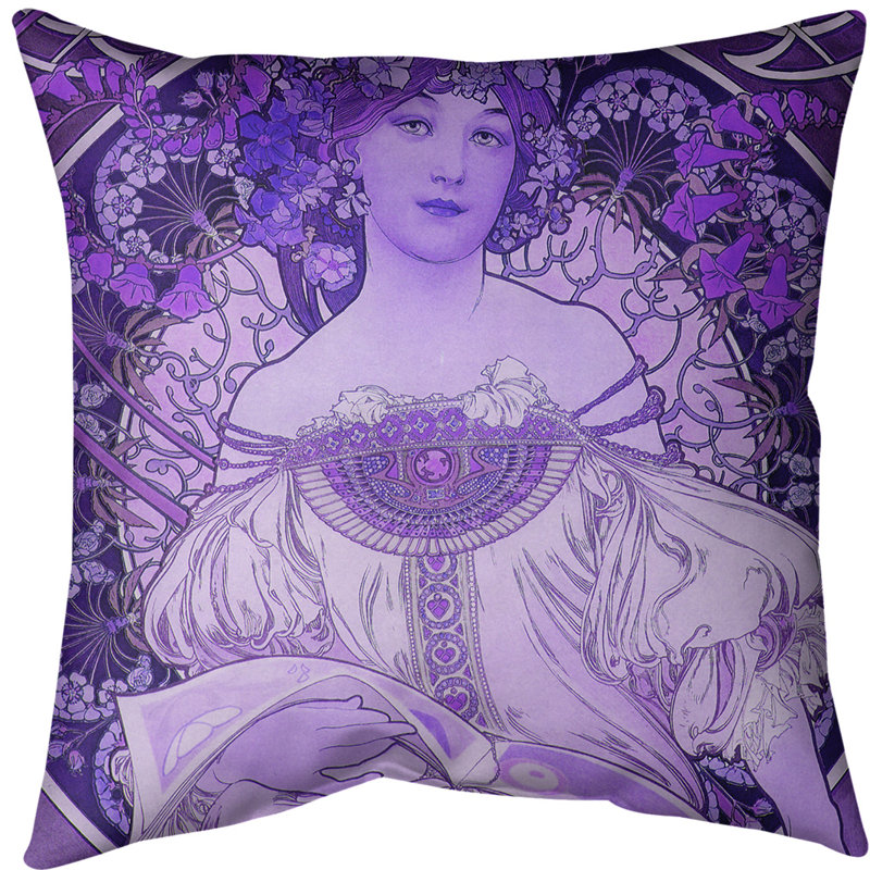 Coussin décoratif de lecture de lady alphonse mucha, 14 po x 14 po, Mauve, Sergé de coton