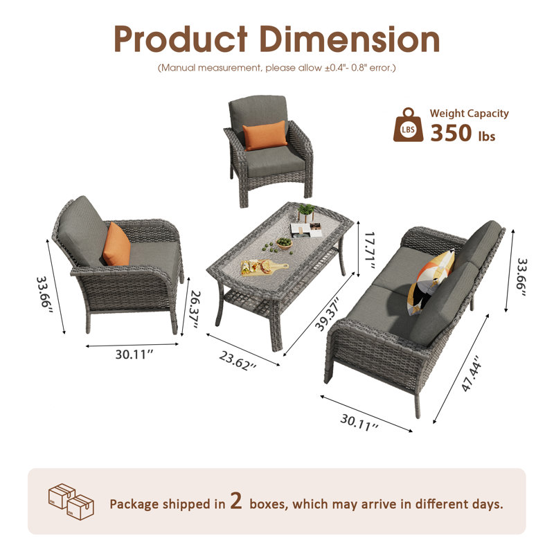 4 - Piece Outdoor Patio Furniture Set with Cushions - Wicker Sofa Chair and Glass - Top Coffee Table for Porch, Backyard, Balcony