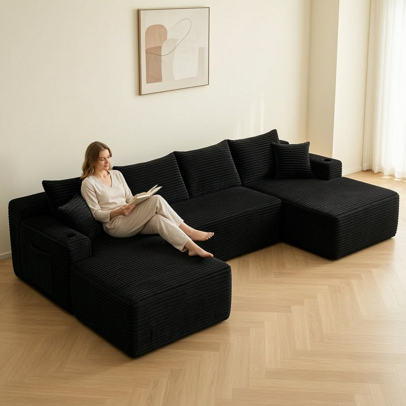 Canapé modulaire en velours côtelé 134 po, Velours côtelé noir