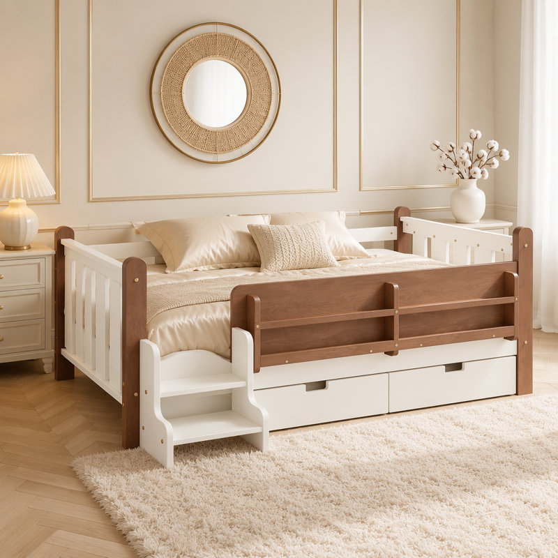Lit avec tiroirs de rangement, lit en bois avec de jolis escaliers et garde-corps, Twin, Beige