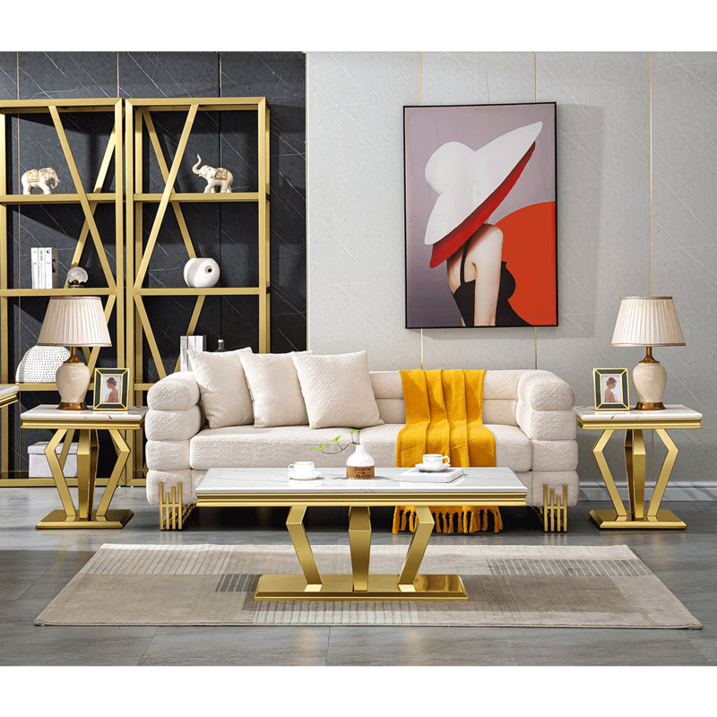 Modern White Marble Coffee Table Set with Gold Diamond-Shaped Base