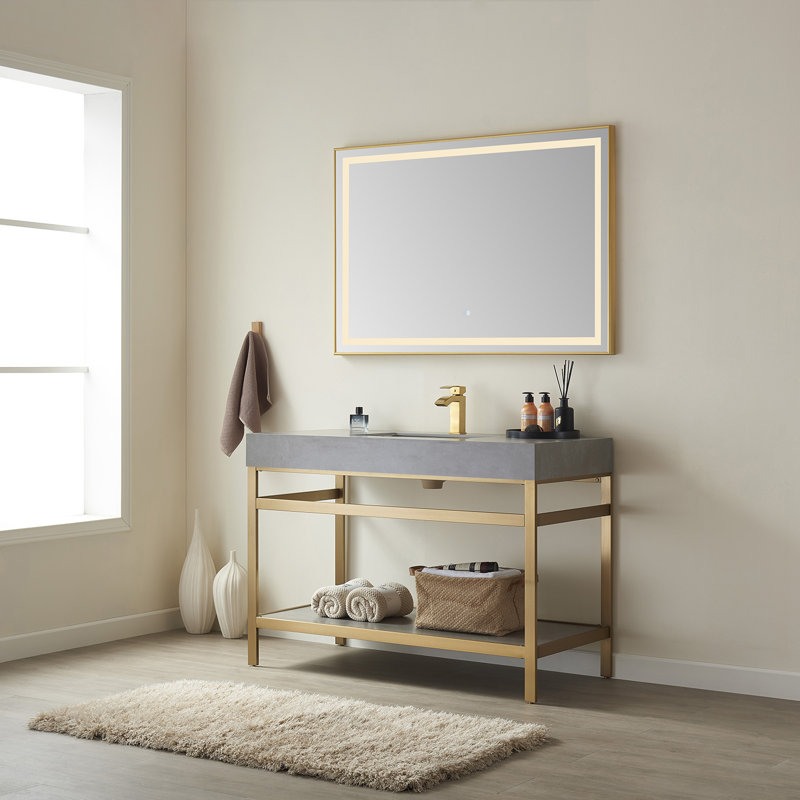 48'' Single Bathroom Vanity with Stone Top, Brushed Gold, Brushed Gold, Limestone Slab Stone