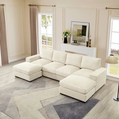 Sectional Sofa Deep Seat Sofa Couch With Ottomans, Corduroy Sofa Sleeper Comfy Upholstered Furniture For Living Room, Apartment, Office(4-Seat & 2-Ottoman)