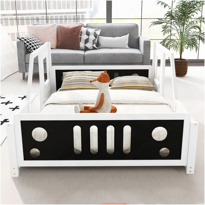 Lit plateforme double classique en forme de voiture avec roues, blanc
