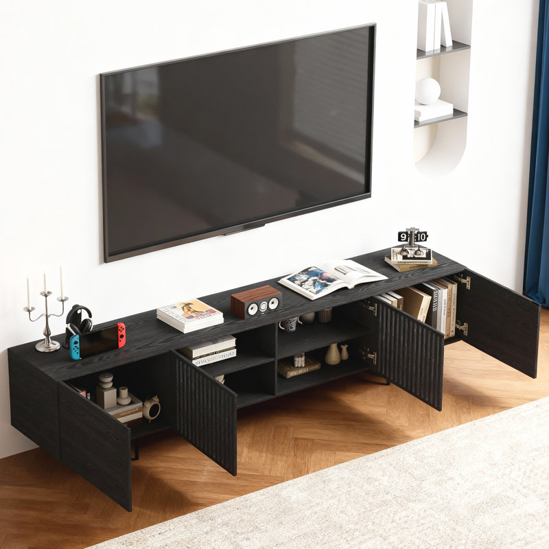 94.48 Inch Black Tv Stand For Tvs Up To 100 Inches With Storage, 21.65" H x 94.48" L x 15.75" D