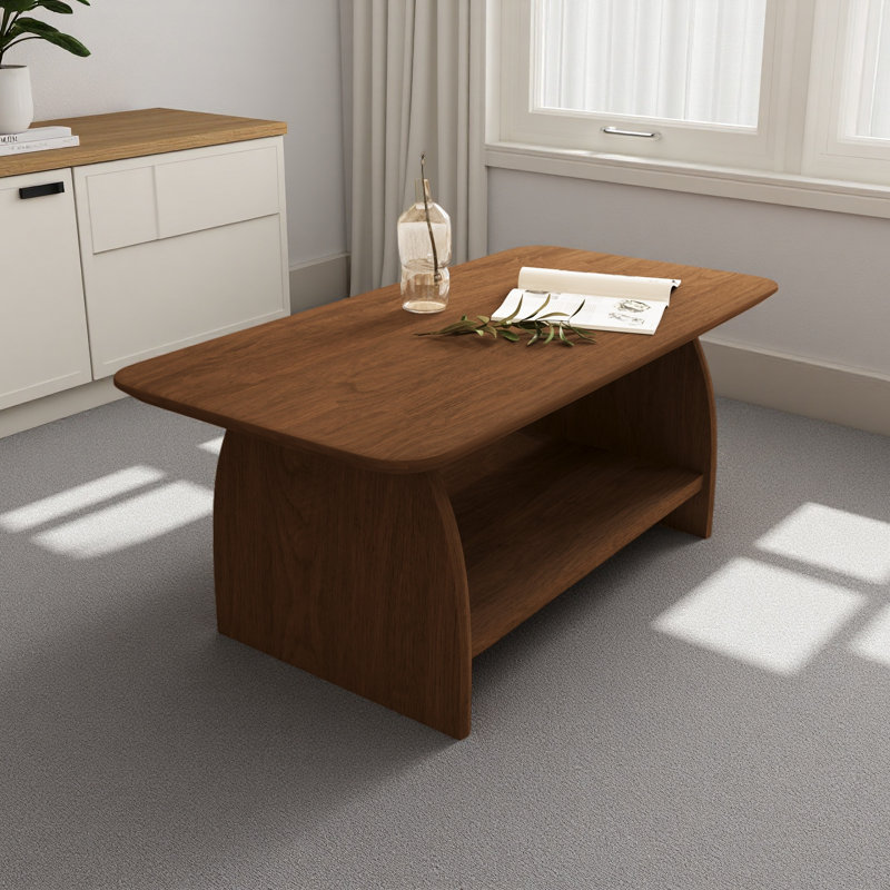 Table basse de salon moderne de 47 pouces, table basse rectangulaire à double couche avec fonction de rangement, conception de coin arrondi, matériau en bois aggloméré