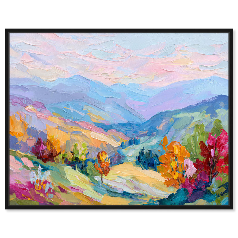 «Colorful Valley I», toile paysage coloré par , H 31 po x l 37 po, Cadre flottant noir