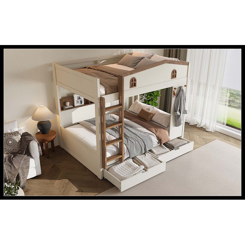 Lit superposé grand sur grand avec tiroirs et tablettes de rangement, lits superposés en bois massif avec crochets, aucun sommier nécessaire, beige et naturel