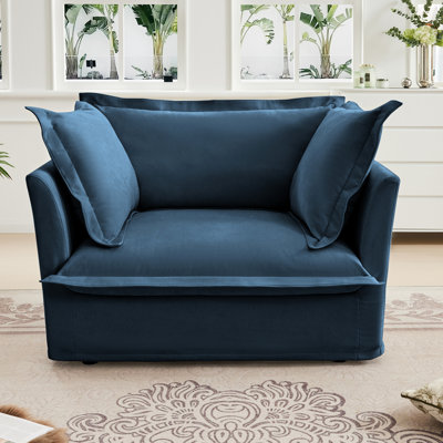 Deep Seat Armchair In Blue Chenille Fabric, High Back Cushion, Comfy Luxury Chenille, With Big Cushion And Toss Pillows,