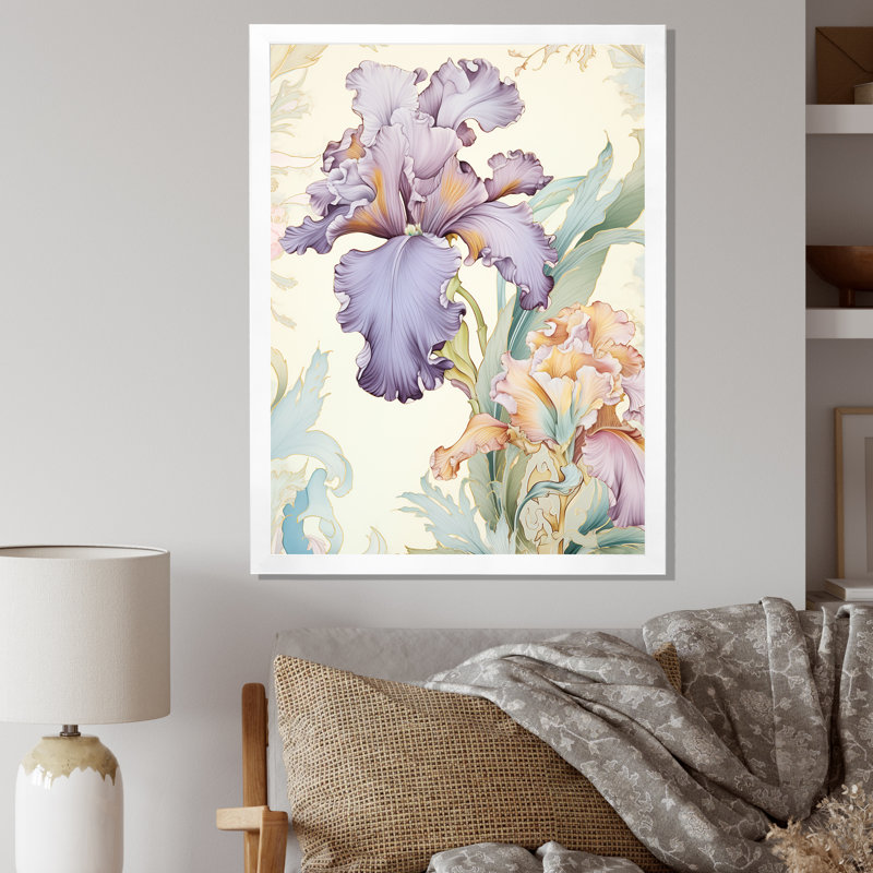 Iris mauve fleuri dans des tons pastel rétro I sur toile, H 32 po x l 16 po x P 1 po, Cadre simple blanc
