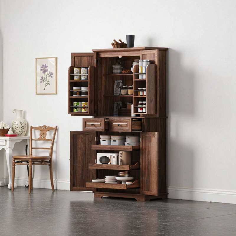 Armoire de cuisine 71 po avec 3 organisateurs coulissants, 6 portes et 2 tiroirs - Armoire de rangement en MDF brun noyer