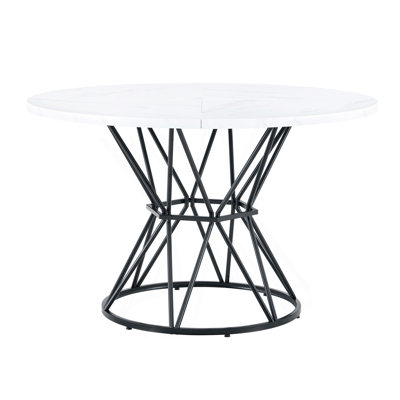 A circular dining table with a diameter of 47.3 inches, composed of 4 white marble patterned MDF boards,black hourglass shaped metal brackets,and a modern industrial style dining table for 4-6 people.