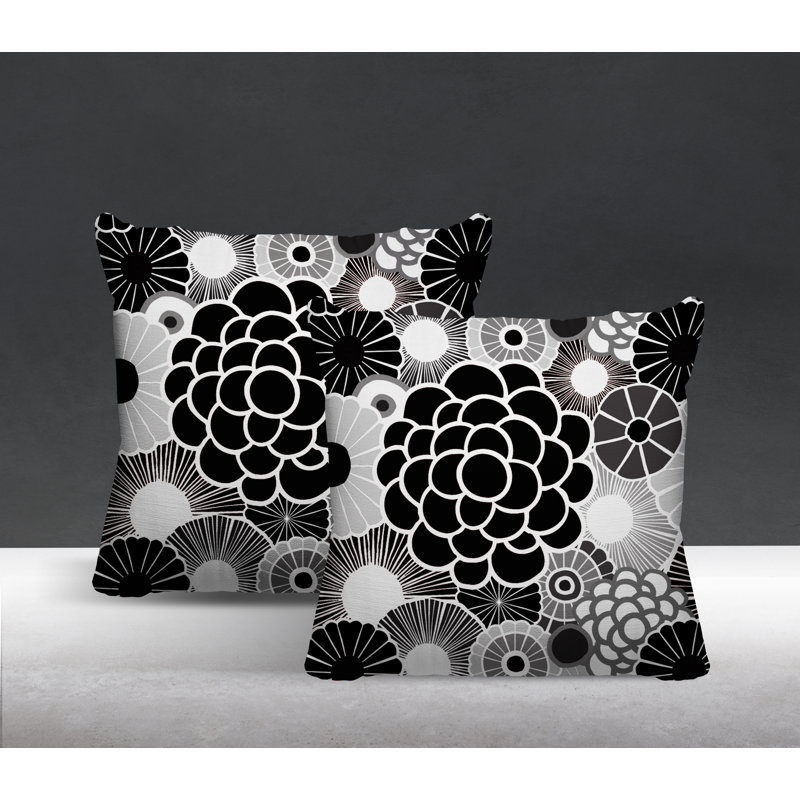 Floral Outdoor Reversible Throw Pillow, 15W" x 15H", Black