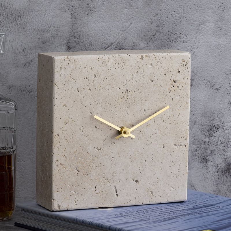 Light Travertine Square Marble Table Clock Large, Cream, 10" H x 10" W x 21" D