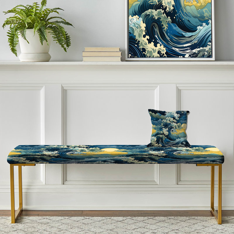 Banc rembourré Coastal Gold, Sunrise Hokusai Waves Japanese Pattern
