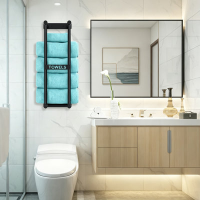 Porte-serviettes mural pour salle de bain - Organisateur de rangement pour serviettes peu encombrant avec barre transversale pour serviettes roulées ou pliées - Installation facile pour les petites salles de bain et les appartements