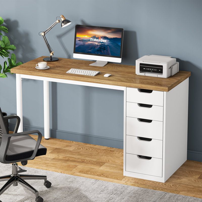 Bureau d'ordinateur à 5 tiroirs Briget, écriture, habillage moderne, Brun clair / jaune
