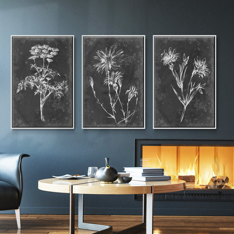 Slate Floral II, ensemble de 3 toiles encadrées sur toile, H 27 po x l 54 po, Blanc