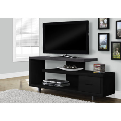 Meuble télé 60 po, rangement multimédia contemporain avec support et plateau, stratifié noir et gris pour ranger des articles, tiroir de 60 po, usage domestique