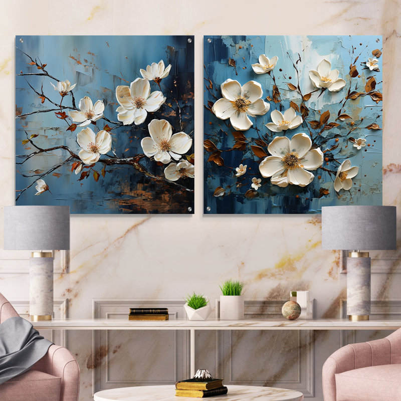 Dogwood Charm Beauty - ensemble de 2 peintures murales en acrylique, H 36 po x l 73 po
