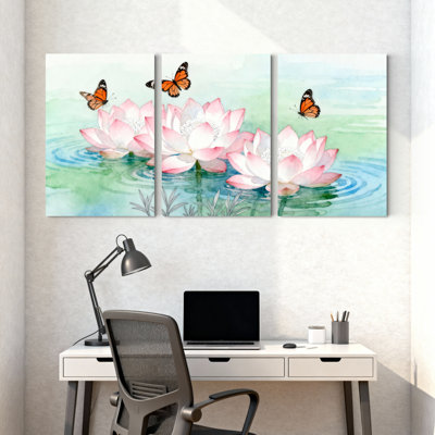 Watercolor Lotus Flowers and Butterflies Canvas Wrapped Wall Art Oil Painting Print Set of 3