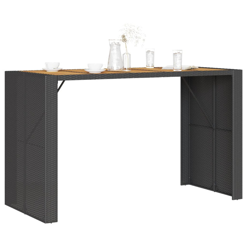 Lesbury Garden Bar Table with Acacia Wood Top Poly Rattan, Black, 110cm H x 80cm W x 185cm D