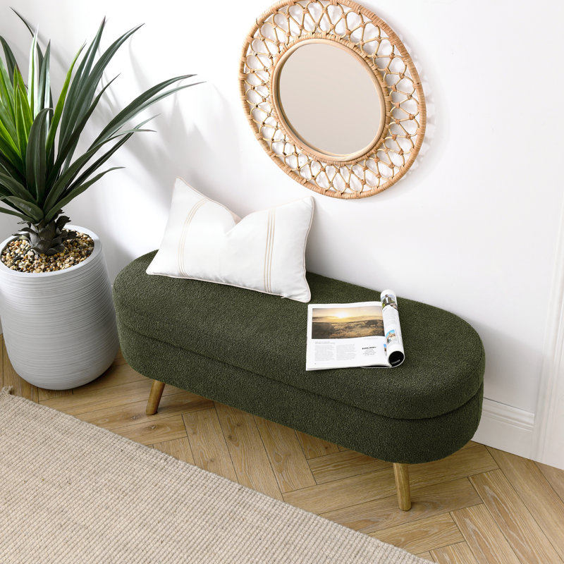 Banc de rangement avec repose-pieds vert ovale avec pieds en bois d'hévéa