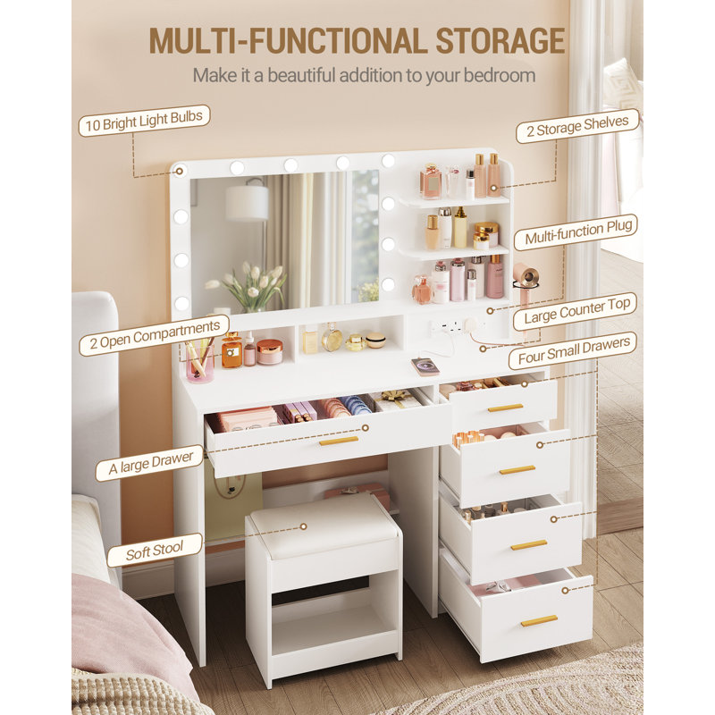 Dressing Table with 3-Colour LED Adjustable Brightness, Vanity Table with Plug and Large Mirror, Stool and Hairdryer Holder, Muti-Drawer Dressing Table, 6 Open Storage Areas,