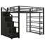 Lit mezzanine double en métal avec tablettes de rangement, armoires et garde-robe