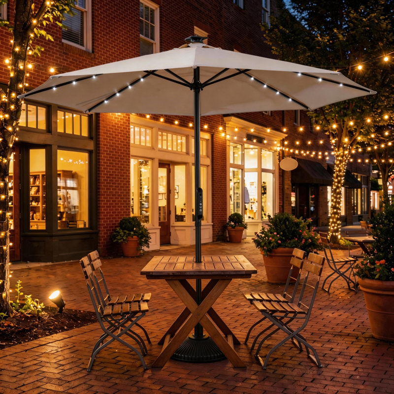 10ft patio umbrella with led lights HOMSHADE Solar Cantilever Base Included, Beige close crank Best Choice Products, Solar LED
