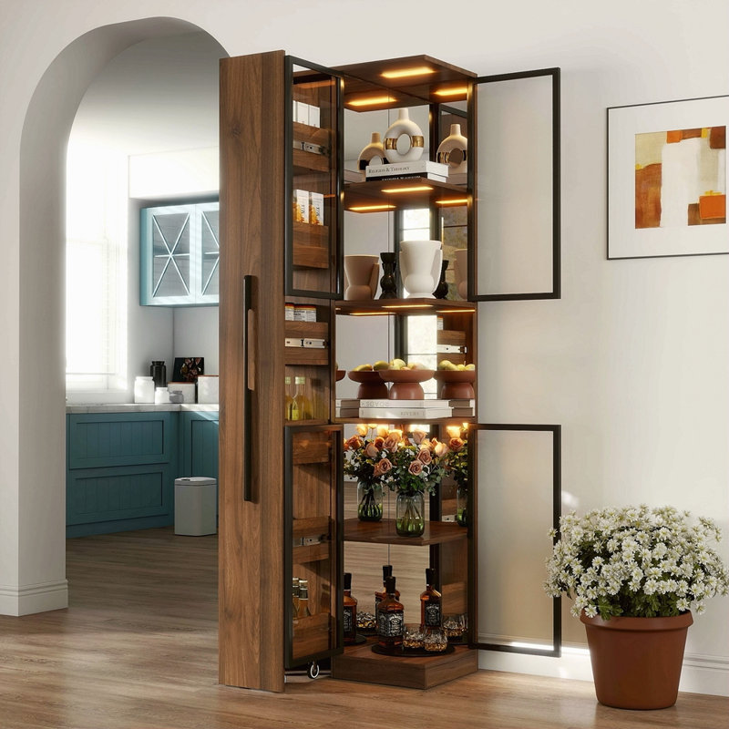 Vitrine de 70 po avec portes et lumières en verre, avec tablette de rangement coulissante multifonctionnelle, armoires de rangement en bois