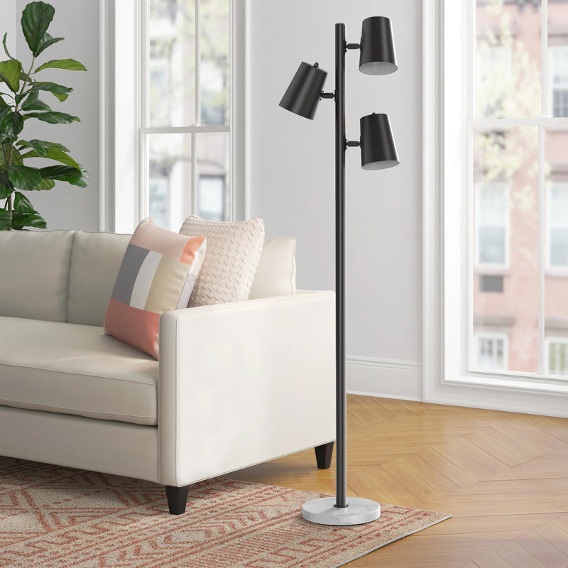 Crevan 62" Modern 3-Light Tree Metal Floor Lamp with Marble Base, Matte Black