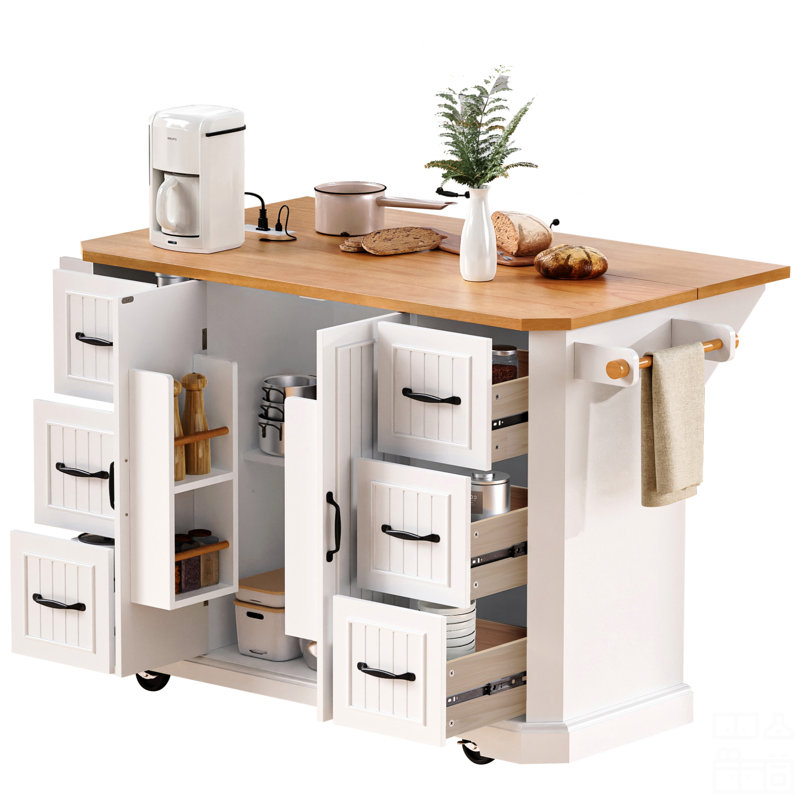 Kitchen Island With Rubber Wood Veneer Drop Leaf, Power Outlet, 4 Door Shelves, Embossed Vertical Stripe Rolling Kitchen Cart On 4 Wheels With 6 Deep Drawers
