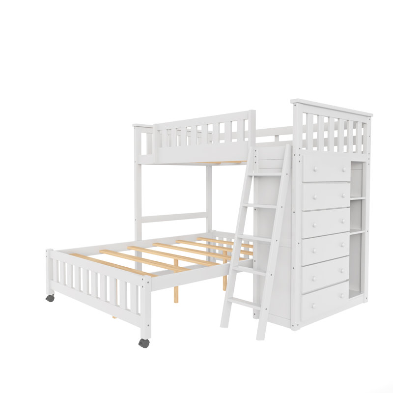 Ekansh Wooden Twin Over Full Bunk Bed With Six Drawers, White