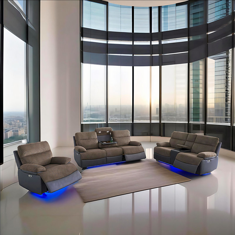 Ember Brown Stripe Fabric & Blackish Gray Technical Fabric Intelligent Recliner Living Room 3-Piece Family Sofa Set