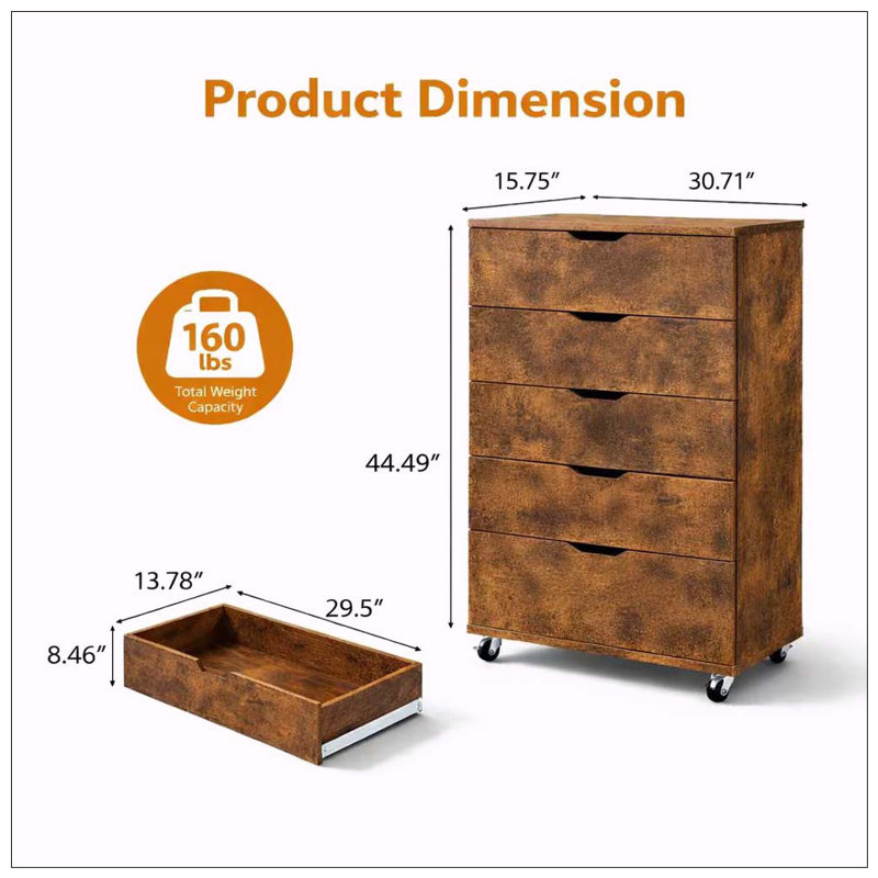 Commode mobile à 5 tiroirs avec roulettes, Brun rustique