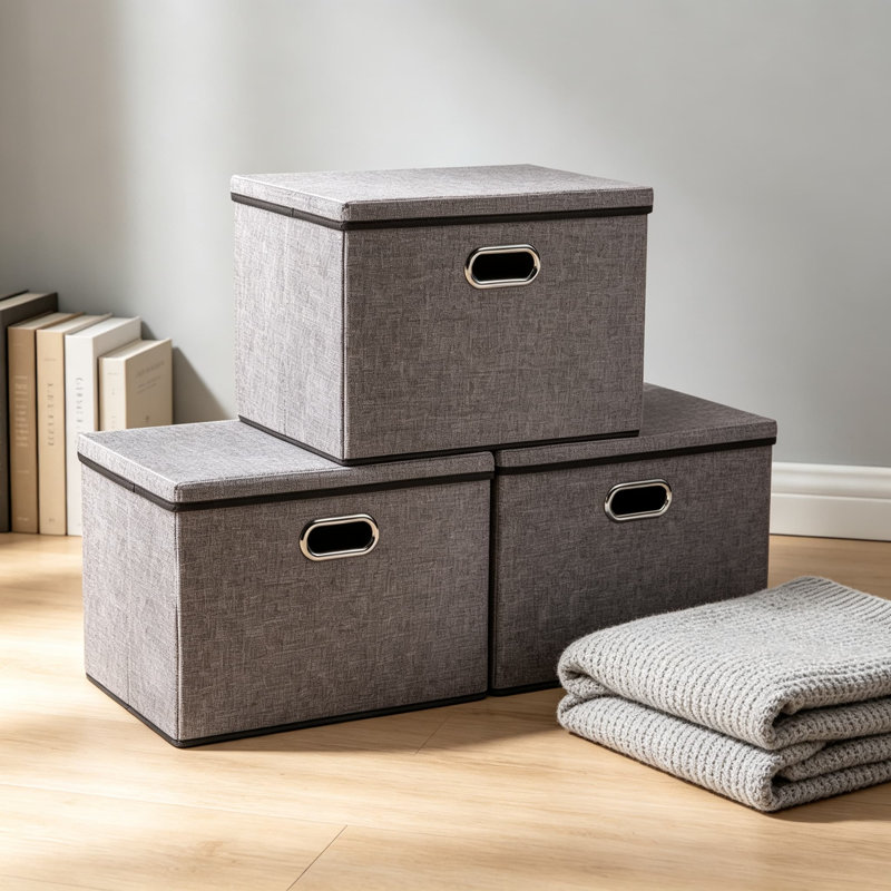 Grands bacs de rangement pliables avec couvercles, paquet de 3 boîtes de rangement pliables en mélange de coton avec couvercles