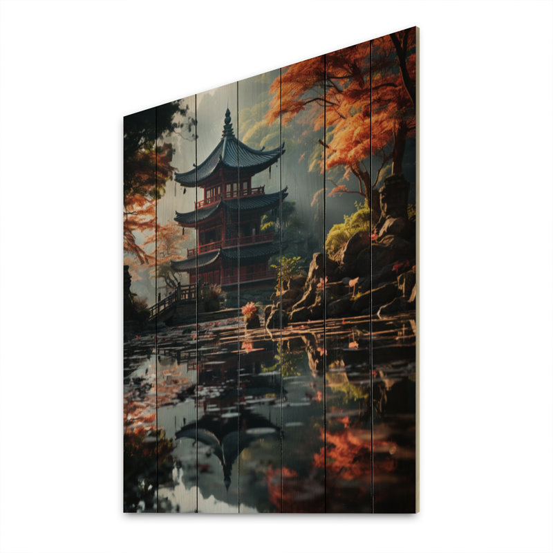 Art asiatique, pagode sereine IX - reproduction asiatique sur bois de pin naturel, H 20 po x l 10 po x P 0,78 po