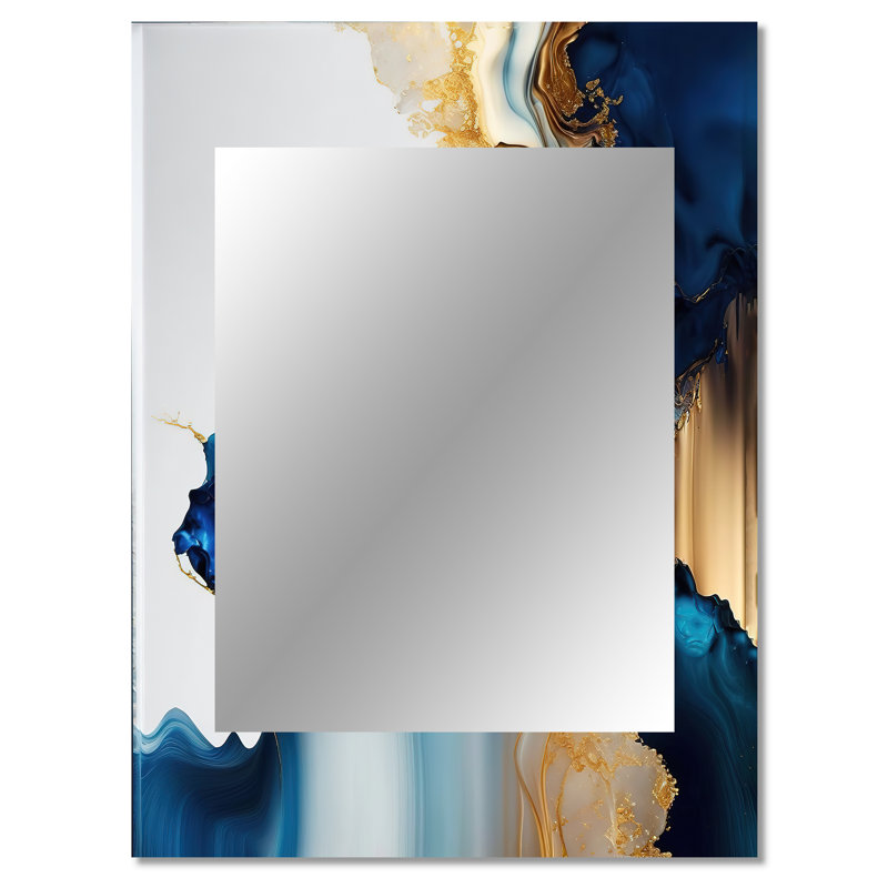 Abstrait géométrique doré et bleu marbre I - miroir mural en marbre, miroir décoratif moderne, impression d'art en métal