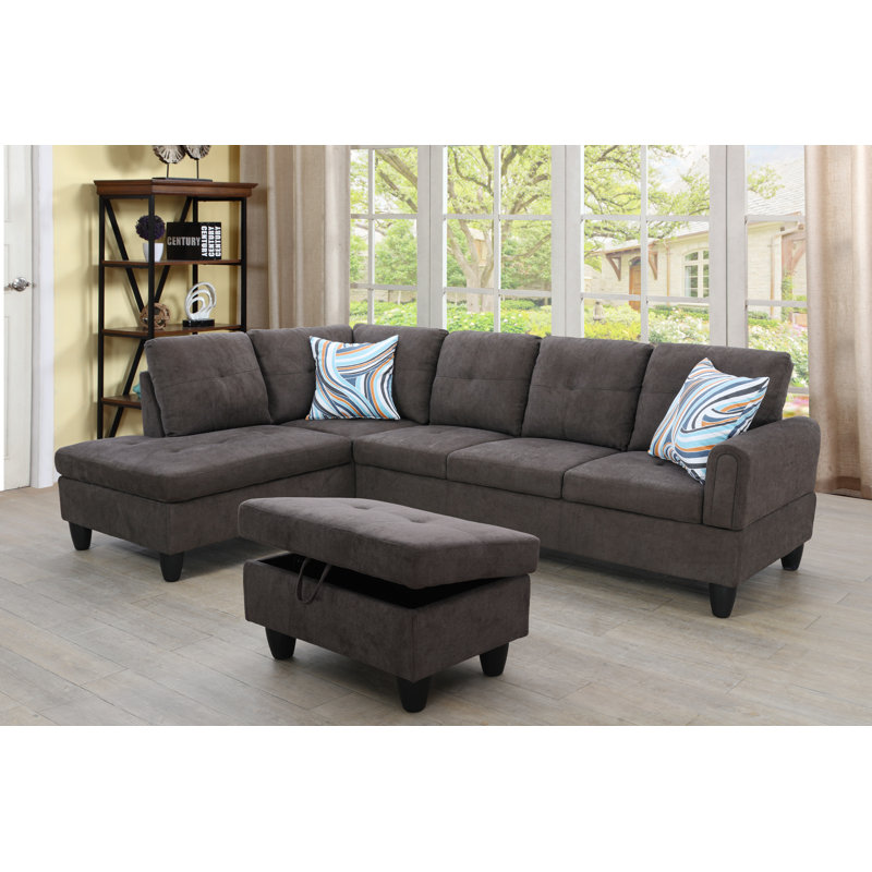 Dark Brown Fabric 3-Piece Sectional Sofa Set with Storage Ottoman, Left Hand Facing, Brown Flannelette