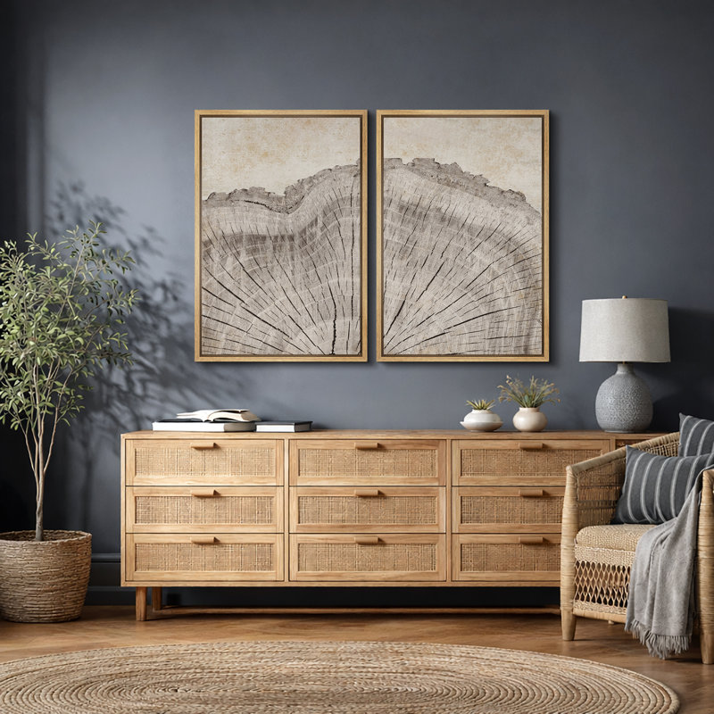 Tree Ring "Oak Wood Stump Slice Artwork, Vintage Neutral Country Cabin Wall Pictures, Framed Canvas Giclée Print 2 Pieces Wall Art"