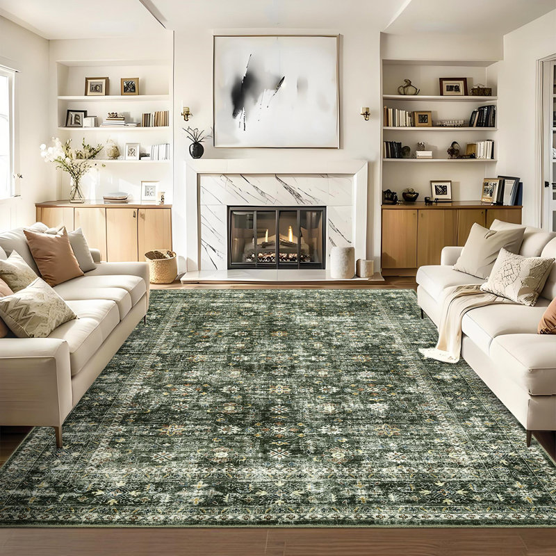 Washable Vintage Floral Printed Area Rug for Living Room Decor Non Slip Low Pile Thin Rugs for Bedroom Decor Entry Rug Stain Resistant Soft Distressed Carpet