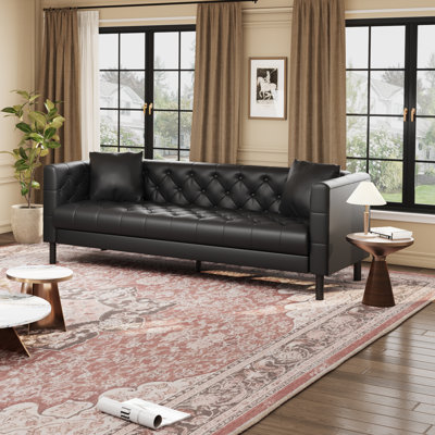 81" Leather Couch, Handmade Button Tufted 3 Seater Sofa, Chesterfield Sofa with Deep Seat