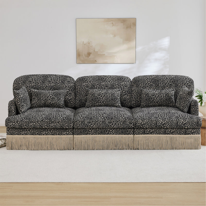 Canapé 3 places confortable en chenille à imprimé léopard, bord à pampille délicat, canapé modulaire à la mode moderne, dossier et siège ergonomiques, assemblage facile, siège profond pour le salon