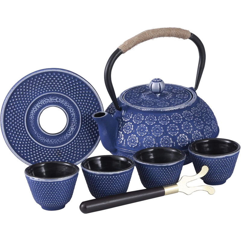 Blue floral cast iron teapot set