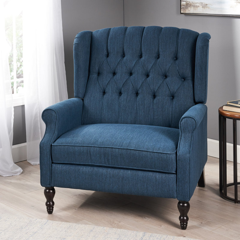 Fauteuil inclinable surdimensionné en tissu à oreilles avec garniture cloutée et coutures capitonnées à boutons, Marine