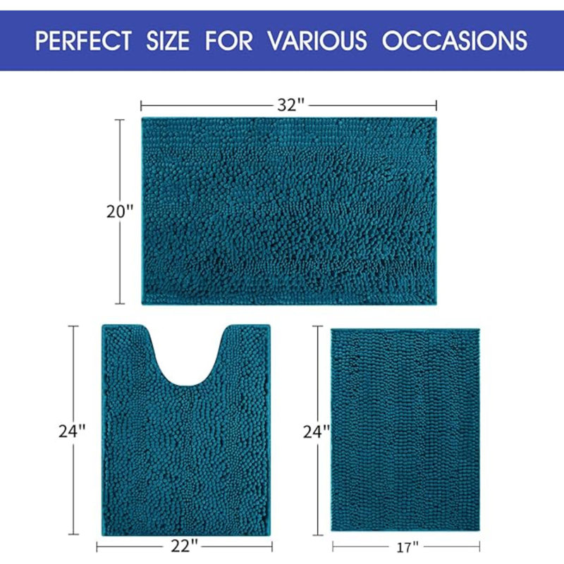 Ensemble de tapis de salle de bain rayé brun ultra doux et antidérapant en chenille pour salle de bain 3 pièces, Teal Blue