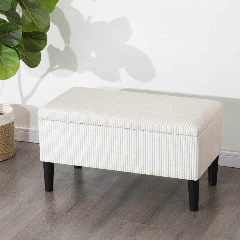 32" Upholstered Storage Ottoman Bench With Corduroy Fabric, Cream