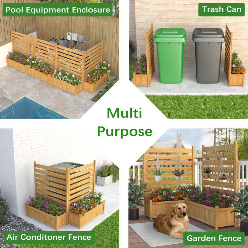 Natural Wood Outdoor Privacy Screen with Planter Box
